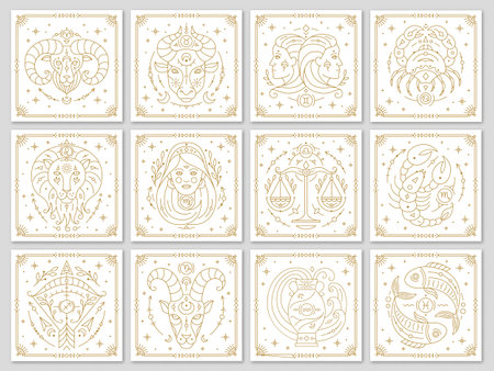 Twelve zodiac astrological horoscope signs card templates set. Capricorn, Aquarius, Pisces, Aries, Taurus etc stylized symbols esoteric, zodiacal horoscope constellation thin line vector illustrationのイラスト素材