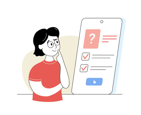 Cute thoughtful girl student passing test at school. Schoolgirl standing at desk in front digital tablet screen thinking about solving exercise. Online education cartoon thin line vector illustrationのイラスト素材