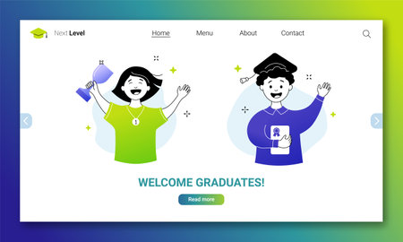 Welcome graduates landing page, horizontal web banner template. School education website interface with happy children celebrating achievements cartoon thin line vector illustrationのイラスト素材