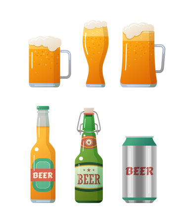 Set of beer bottles, aluminium can, mug and glass. Brewery product packaging. Beer pub, restaurant, party design elements flat vector illustrationのイラスト素材