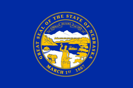Flag of Nebraska, symbol of USA federal state. Full frame federal flag of Nebraska, blue cloth charged with state seal vector illustrationのイラスト素材