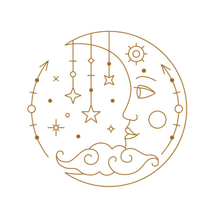 Mystical golden stylized boho chic tattoo crescent with face. Astrology, alchemy, esoteric, tarot, fortune telling and mysticism design element thin line vector illustration on white backgroundのイラスト素材