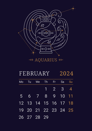 2024 Astrology wall monthly calendar with Aquarius zodiac sign. February calendar template with zodiac constellation on dark blue sky, week starts on Monday thin line vector illustrationのイラスト素材
