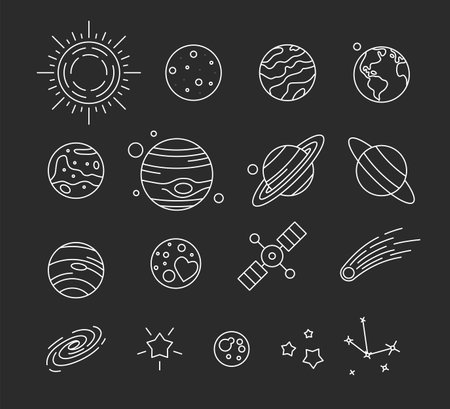 Set of planets and objects of solar system. Falling meteor, stars, space satellite. Universe, celestial bodies, astronomy science thin line vector illustration on black backgroundのイラスト素材