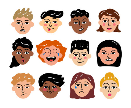 Cute children avatars set. Teenage boys and girls in good and bad mood. Male and female face portraits with emotional facial expressions hand drawn doodle sketch vector illustration isolated on whiteのイラスト素材