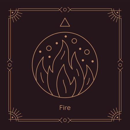Fire symbol of nature, one of four elements. Golden sacred magic sign, alchemy, cosmology, philosophy symbol thin line vector illustrationのイラスト素材