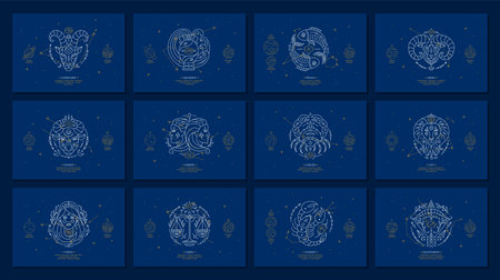 Set of zodiac signs with description of personal features. Astrology horoscope cards with zodiac constellations on dark blue sky thin line vector illustrationのイラスト素材