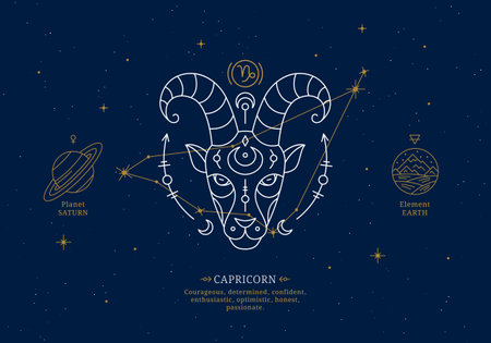 Capricorn zodiac sign with description of personal features. Astrology horoscope card with zodiac constellation on dark blue sky thin line vector illustrationのイラスト素材