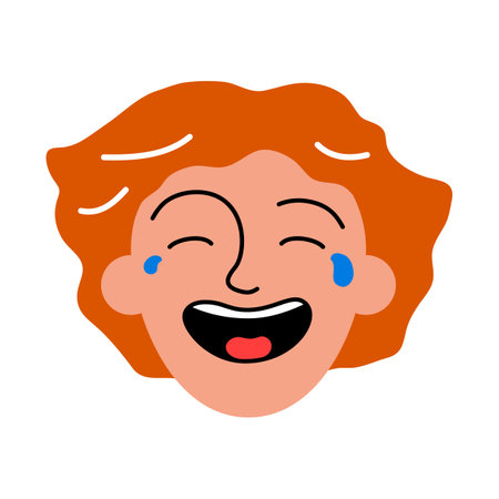 Funny happy boy laughing to tears. Cute schoolboy in good mood. Child avatar with positive facial expression hand drawn doodle sketch vector illustration isolated on whiteのイラスト素材