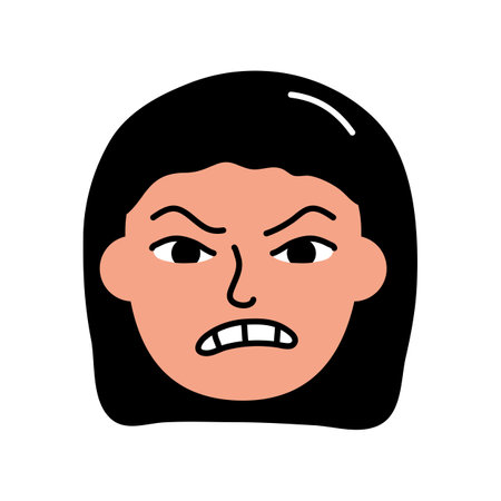 Angry girl avatar. Furious schoolgirl in bad mood. Child face portrait with negative aggressive facial expression hand drawn doodle sketch vector illustration isolated on whiteのイラスト素材