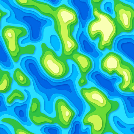 Topographic map in papercut style with wavy layered shapes. Papercut multi layers color texture, curved layers and elevation contour lines, topographic relief, map, background vector illustrationのイラスト素材