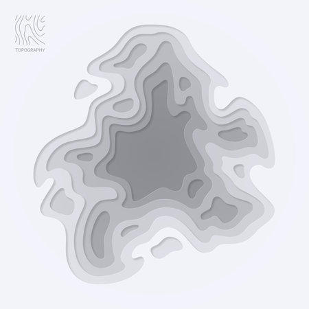 Abstract smooth origami shape paper cut topographic background. Papercut multi layers gray color texture, curved layers and elevation contour lines vector illustrationのイラスト素材