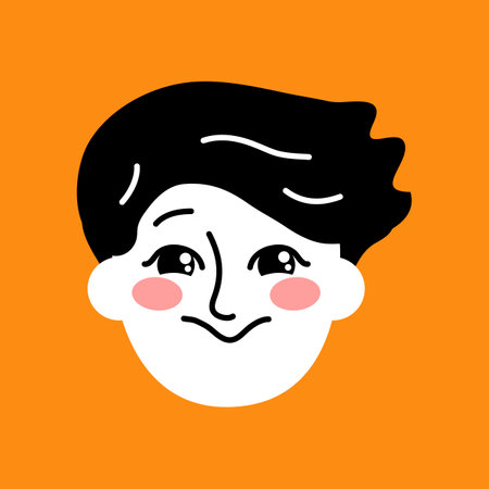 Cute boy avatar. Friendly schoolboy face portrait with positive facial expression hand drawn doodle sketch vector illustrationのイラスト素材