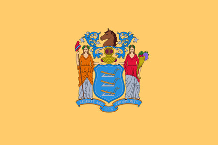 Flag of New Jersey official symbol of USA federal state. Full frame federal flag of New Jersey with coat of arms of state on buff colored background vector illustrationのイラスト素材