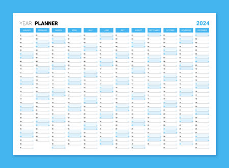 Planner calendar for 2024 year, wall organizer, yearly scheduler. Corporate and business planner template, 12 months set. Annual printable wall calendar with space for notes vector illustrationのイラスト素材