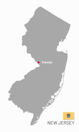 Gray map of New Jersey federal state of USA. Silhouette of New Jersey abstract outline editable map with borders, Trenton capital and flag of American state realistic vector illustrationのイラスト素材