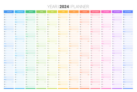 Planner calendar for 2024 year, annual wall organizer, scheduler. Corporate and business planner, 12 months set. Printable schedule journal with space for personal notes vector illustrationのイラスト素材