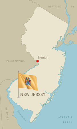 Map of New Jersey USA federal state with waving flag. Highly detailed editable map of New Jersey state with territory borders, neighboring states and Trenton capital city vector illustrationのイラスト素材
