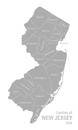Highly detailed gray map of New Jersey US state. Editable administrative map of New Jersey with territory borders and counties names labeled realistic vector illustrationのイラスト素材