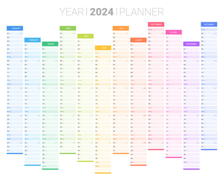 2024 wall business planner, calendar, organizer template, 12 months set. Corporate annual printable schedule journal. Wall planner with space for personal notes vector illustrationのイラスト素材