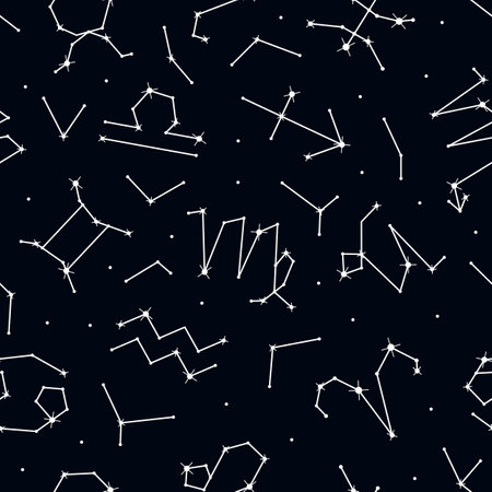 Zodiac signs seamless pattern, stars and constellations repeating print on dark night background for...