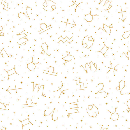 Golden zodiac signs seamless pattern, astrological symbols repeating print on white background. Astrological, horoscope symbols, constellations of sparkling stars vector illustrationのイラスト素材