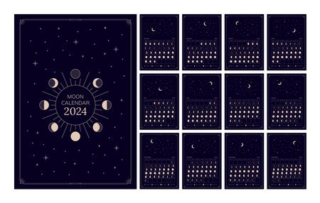 Moon calendar for 2024 year, lunar phases schedule and cycles monthly planner template. Astrological lunar stages calendar banner, card, poster vector illustrationのイラスト素材