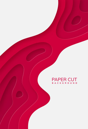Papercut geometric topography banner or red liquid gradient. 3D papercut decoration textured background, pattern with wavy layers. Paper topography relief vector illustrationのイラスト素材