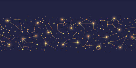 Golden zodiac constellations, trendy astrology seamless pattern on night sly background. Constellations of shiny golden stars repeating print for packaging, cover, wrapping paper vector illustrationのイラスト素材