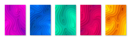 Colorful papercut multi layers, 3D topographic pattern textures set. Abstract paper cut relief imitation, topographic map for presentation, flyer, poster, cover, brochure vector illustrationのイラスト素材