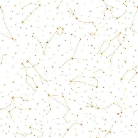 Golden zodiac constellations seamless pattern, connected sparkling stars repeating print for fabric,...