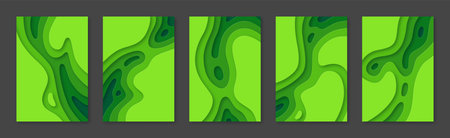 Abstract green paper cut shapes, carving art texture templates set. Modern papercut topography relief imitation with multi layers for banner, flyer, presentation, cover, brochure vector illustrationのイラスト素材