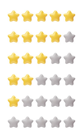 Rating stars set, customer review, rating feedback with gold and gray stars set. User experience, rating, performance evaluation for app and website vector illustration on white backgroundのイラスト素材