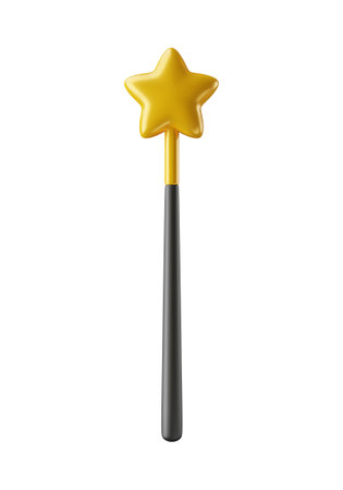 Black magic wand with golden star 3d realistic style rendering. Magician, wizard, fairy, princess accessory vector illustration isolated on white backgroundのイラスト素材