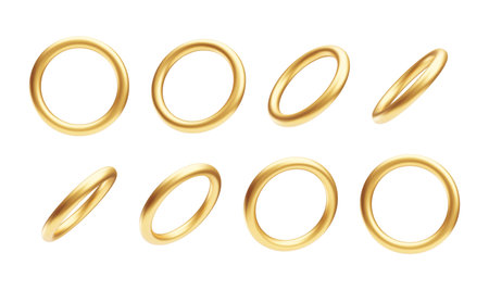 3d golden rings, accessories from different sides set. Round shaped shiny metallic objects, decorative design elements realistic vector illustration on white backgroundのイラスト素材