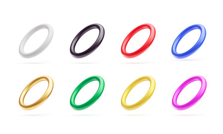 Set of rings of different colors, 3d jewelry accessories. Round geometric shapes, metallic or plastic objects, decorative design elements realistic vector illustration on white backgroundのイラスト素材