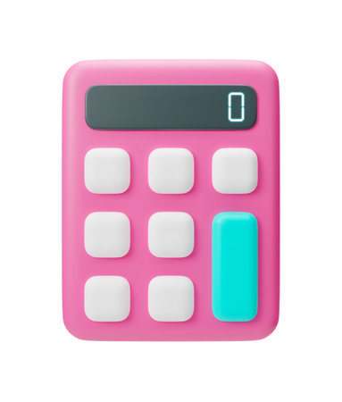 3d pink calculator, math device, school or office supplies, front view. Finance accounting, bookkeeping, budget, debit, credit calculations realistic vector illustration isolated on white background.のイラスト素材