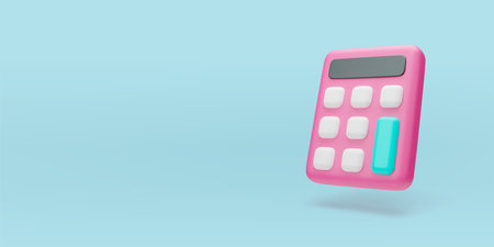 3d pink calculator, math device, school or office supplies. Finance accounting, bookkeeping, budget, debit, credit calculations. Financial management, education concept realistic vector illustrationのイラスト素材