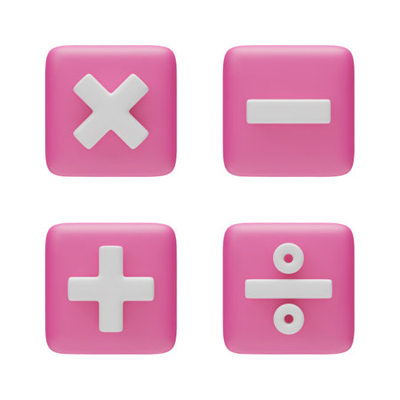 Plus, minus, multiplication and division 3d pink buttons set. Mathematical education symbols for web, app, infographic. Math operations realistic vector illustration isolatedのイラスト素材