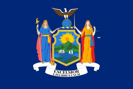 Flag of New York official symbol of USA federal state. Full frame federal flag of New York with state coat of arms on dark blue field vector illustrationのイラスト素材