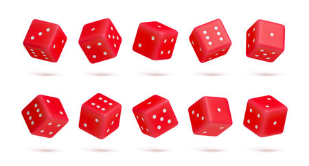Set of red dice with random numbers of white dots 3D rendered. Gambling objects to play craps and poker, casino, tabletop or board games realistic three dimensional vector illustrationのイラスト素材