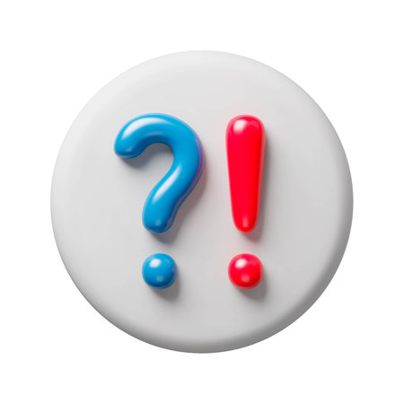 Blue question and red exclamation signs 3d realistic button. Glossy exclamation and question punctuation marks, attention signals three-dimensional rendering vector illustrationのイラスト素材