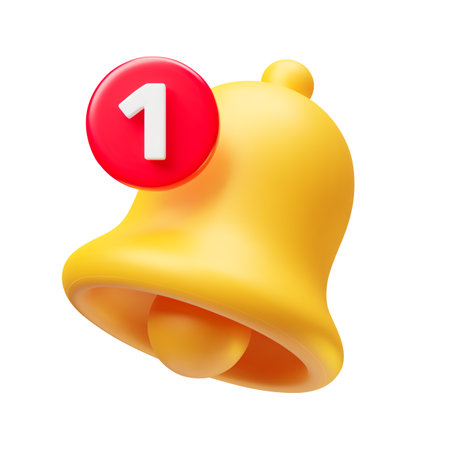 3d realistic yellow bell. Vector illustration of ringing hand bell. For social media reminder, alert and alarm icon. New notification. Concept of notification. Yellow chime on white backgroundのイラスト素材