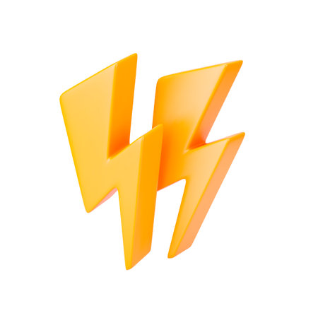 3D yellow lightning sign. Two realistic thunderbolt symbol electrical discharge. Powerful lightning icon, energy symbol. Sign electric charge. Vector illustration in plastic cartoon styleのイラスト素材