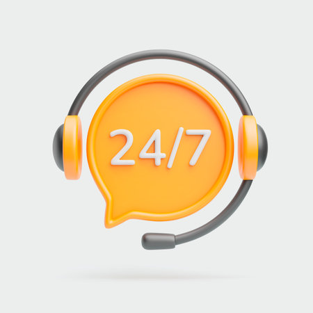 Call center 3d icon. Realistic yellow speech bubble with 24 7 text and headset around. All day...