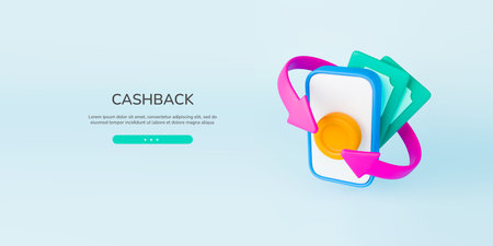 3d cashback arrow transaction landing page. Realistic mobile phone with banknote, gold coin and pink...