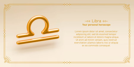 Libra horoscope prediction. Monthly astrology forecast. 3D realistic golden  sign, line frame and...