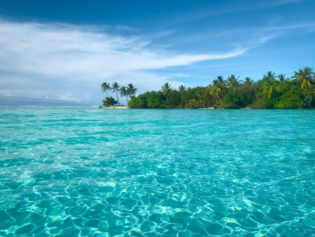 Maldives turquoise water landscape. Crystal sea, tropic palm trees, green island with white sand and blue sky. Amazing nature background. Concept of an ideal resting place. Popular tourist destinationの写真素材