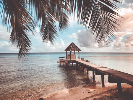 Wooden gazebo on pier. Tropical island beach with coconut palm tree branch and sand shore. Vintage orange retro tone filter. Summer landscape, vacation, holidays, travel concept. Summer background.の写真素材