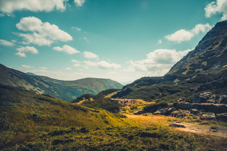 Majestic mountain colorful scene. Autumn landscape in alpine highlands. Amazing natural summer scenery. Nature background. Travel, trekking in Carpathian mountains, Ukraine, Europe. Vintage retro toneの写真素材